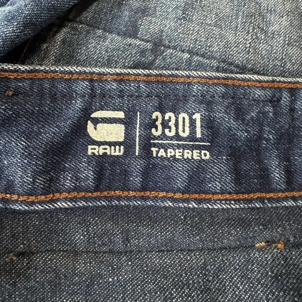 G-Star 3301 TAPERED RL Selvedge Medium Wash Dark Splatter Jeans Size W34 L36